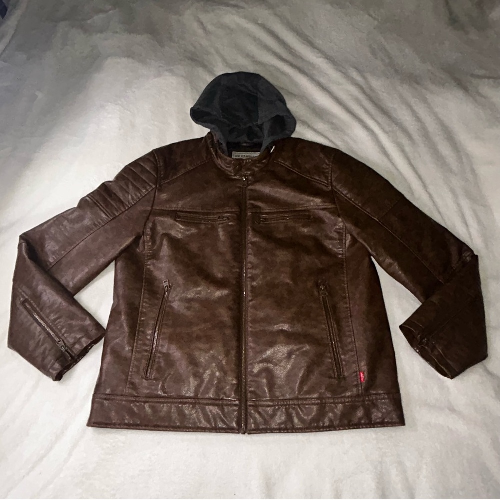 Levi's Jacket Men Extra Large Brown Faux Leather Quilt Lining Hooded Biker Moto